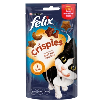 Colorful Felix Crispies cat treat packaging with a playful black and white cat, stating "Flavoured with Beef and Chicken" and "1 kcal per treat."