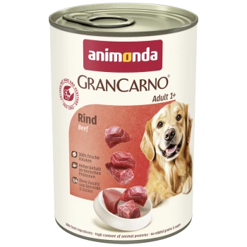 Dose Animonda GranCarno Adult 1+ Hundefutter mit Rind, zeigt Fleischstücke und einen glücklichen Golden Retriever.