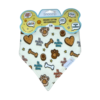SnooZip organic cotton dog bandana (S/M), white with paw prints, bones, hearts, stars and repeated "Is maith liom" text.