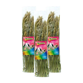 Trzy opakowania 120g naturalnych patyczków do żucia Multifit Knabber-Ahren dla małych zwierząt, z kolorowymi etykietami królików i świnek morskich.