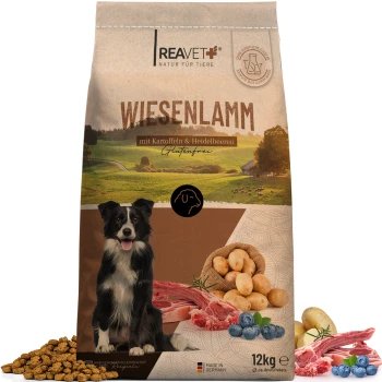 Hundefutterbeutel mit einem Border Collie, beschriftet "WIESENLAMM mit Kartoffeln & Heidelbeeren," glutenfrei, 12kg, hergestellt in Deutschland.