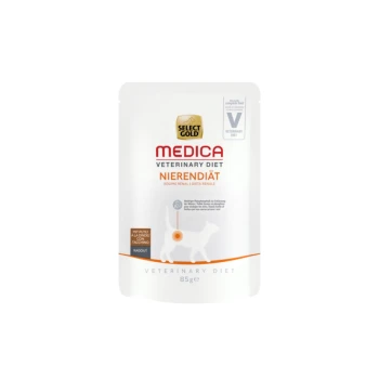 Select Gold Medica Veterinary Diet Nierendiät hondenvoerzakje, 85g, met een witte achtergrond met een katten-silhouet en voedingsclaims.