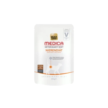 Pochette de nourriture pour chien Select Gold Medica Veterinary Diet Nierendiät, 85g, avec un fond blanc et une silhouette de chat ainsi que des allégations nutritionnelles.