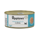 Applaws natürliche Katzenfutterdose mit Thunfischfilet in Brühe, 70 g, mit einem blau-weißen Etikett und einer Silhouette einer Katze.