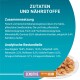 Zutaten und Nährwertinformationen für Haustierfutter, mit Fleisch, tierischen Nebenprodukten und Gemüse, mit 4% Huhn.