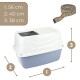 Überdachte Katzentoilette mit weißem Deckel und blauem Unterteil, zeigt Maßangaben 1: 56 cm, 2: 40 cm, 3: 38 cm samt Pfeilen.