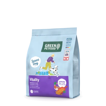 Green Petfood Vitality Insekten-Hundefutterbeutel mit Ente, Immun Plus, Erwachsenen-Komplettmenü, deutsche Qualität.