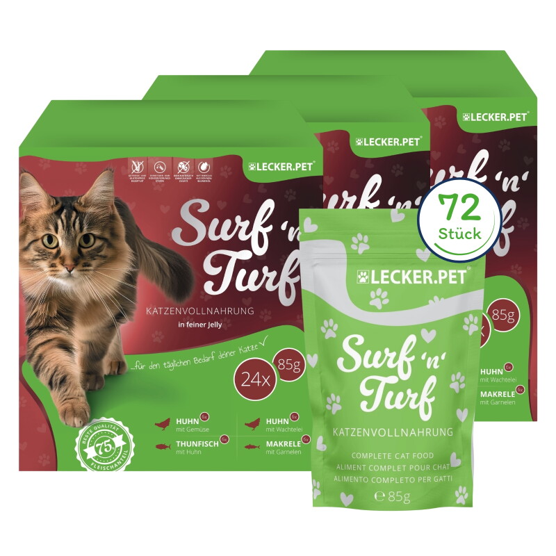 Lyra Pet Lecker.Pet Surf'n'Turf Pouches Katzenfutter in feiner Jelly Nassfutter 4er Mix Multipack 72x1 Stück