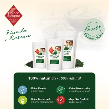 Chlorella-Pulver für Haustiere von ChronoBalance, beschriftet mit "100% natürlich" und Symbolen für keine Chemikalien, keine Gentechnik und keine Tierversuche.