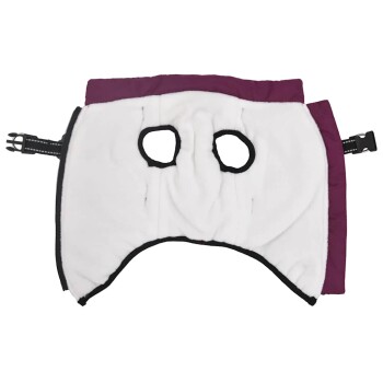 Ein weicher, plüschiger Erholungskragen für Haustiere in Weiß und Lila, mit zwei Öffnungen für den Kopf des Haustieres und verstellbaren Riemen.