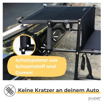 Ein Autositzbezug für Haustiere mit Schaum- und Gummigriffen, entworfen, um Kratzer auf Autoberflächen zu verhindern. Der Text lautet "Keine Kratzer an deinem Auto."