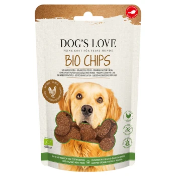 CHIPS BIO Geflügel Die Verpackung von Dog's Love Bio Chips zeigt das Gesicht eines Golden Retrievers und einen knochenförmigen Leckerbissen, mit den Texten "BIO CHIPS" und "Geflügel".