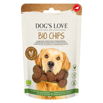 Opakowanie Dog's Love Bio Chips pokazuje twarz złotego retrievera i przysmak w kształcie kości, z tekstem "BIO CHIPS" i "Geflügel".