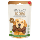 Die Verpackung von Dog's Love Bio Chips zeigt das Gesicht eines Golden Retrievers und einen knochenförmigen Leckerbissen, mit den Texten "BIO CHIPS" und "Geflügel".