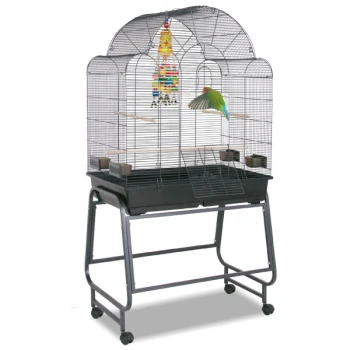 Voliere Memphis III dunkelgrau Ein großer Vogelkäfig auf Rädern mit einem bunten Papagei, der darin sitzt, mit einem hängenden Spielzeug und mehreren Sitzstangen.