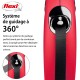 Laisse rétractable rouge pour chien avec un système de guidage à 360°, avec un texte expliquant son design sans enchevêtrement.