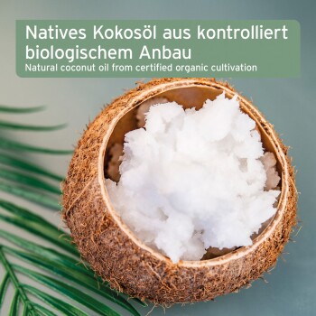 Kokosöl in einer Schale mit dem Text: "Natives Kokosöl aus kontrolliert biologischem Anbau" und "Natural coconut oil from certified organic cultivation."