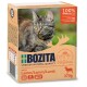Verpackung für Katzenfutter mit einer getigerten Katze, beschriftet mit "BOZITA" und den Ansprüchen "100% tierisches Protein" und "Getreidefrei", Größe 370g.