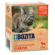 Verpackung für Katzenfutter mit einer getigerten Katze, beschriftet mit "BOZITA" und den Ansprüchen "100% tierisches Protein" und "Getreidefrei", Größe 370g.