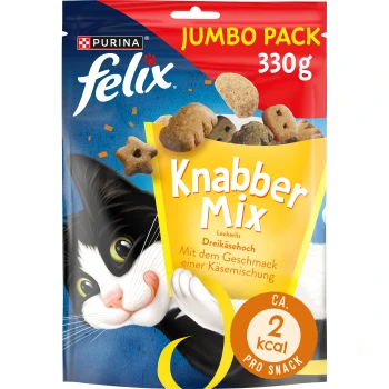 Bunte Purina Felix Knabber Mix Katzenleckerlis-Tüte, beschriftet mit "JUMBO PACK 330g," zeigt eine verspielte Katze und hebt käsegeschmackige Snacks hervor.