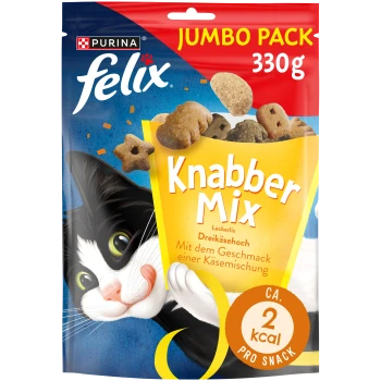 Kleurvolle Purina Felix Knabber Mix katten traktaties zak, gelabeld 'JUMBO PACK 330g,' met een speelse kat en benadrukt kaasachtige snacks.