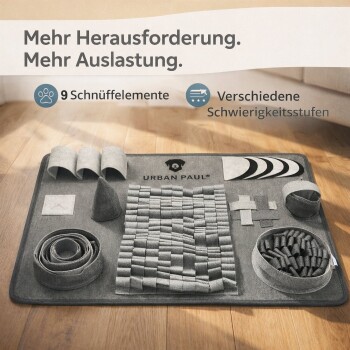 Schnüffelteppich für Hunde mit 9 Schnüffelelementen und unterschiedlichem Schwierigkeitsgrad; Text 'Mehr Herausforderung. Mehr Auslastung.' und URBAN PAUL