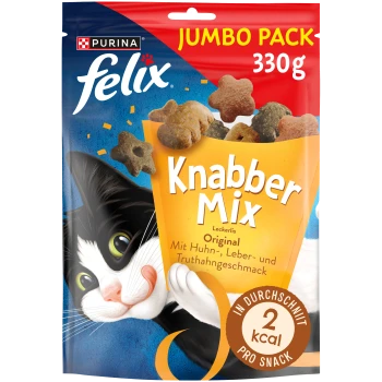 Felix Knabber Mix Katzenleckerlis, 330g Packung, mit einer verspielten schwarz-weißen Katze, die Huhn-, Leber-, Truthahn-Geschmack hervorhebt und '2 kcal pro Snack.'