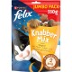 Felix Knabber Mix Katzenleckerlis, 330g Packung, mit einer verspielten schwarz-weißen Katze, die Huhn-, Leber-, Truthahn-Geschmack hervorhebt und '2 kcal pro Snack.'