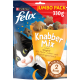 Felix Knabber Mix Katzenleckerlis, 330g Packung, mit einer verspielten schwarz-weißen Katze, die Huhn-, Leber-, Truthahn-Geschmack hervorhebt und '2 kcal pro Snack.'
