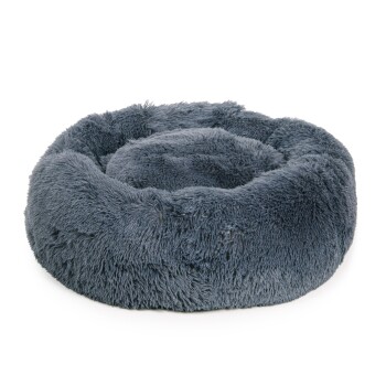 Gemütliches rundes Haustierbett aus weichem, dunkelgrauem Stoff, mit einer plüschigen, flauschigen Textur, ideal für kleine Hunde oder Katzen.