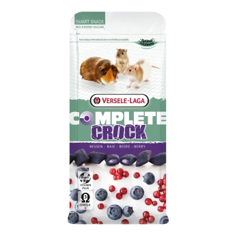 Versele-Laga Complete Crock bessensnack voor kleine huisdieren met afbeeldingen van cavia, hamster, bosbessen en rode bessen.