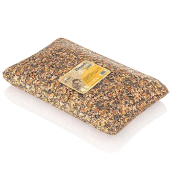 Ein 10 kg Sack Vogelfutter mit einer bunten Mischung aus Samen und Körnern, mit einem Etikett, das den Produktnamen und eine Vogelillustration zeigt.