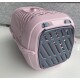 Pink and gray plastic pet carrier with ventilation slits and "FIT+FUN" label on front door.