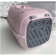 Pink and gray plastic pet carrier with ventilation slits and "FIT+FUN" label on front door.