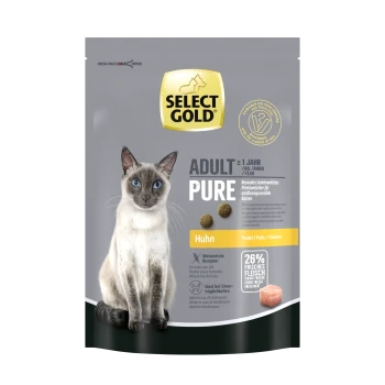 Cat food package featuring a Siamese cat, labeled "SELECT GOLD ADULT PURE Huhn," with details on wheat-free formula and 26% fresh meat.
