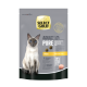 Emballage de nourriture pour chats présentant un chat siamois, étiqueté 'SELECT GOLD ADULT PURE Huhn', avec des détails sur la formule sans blé et 26% de viande fraîche.