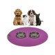 Eine lila Haustiermatte mit zwei Edelstahlschalen vor einem golden retriever, einem flauschigen Kätzchen und einer schwarzen Katze.