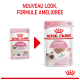 Image montrant deux sachets de nourriture Royal Canin pour chatons, l'un étiqueté "NOUVEAU LOOK, FORMULE AMÉLIORÉE," mettant en avant le nouveau design et la formule améliorée.