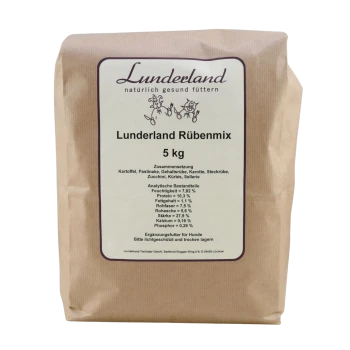 Braune Papiertüte mit der Aufschrift "Lunderland Rübenmix" mit 5 kg Haustierfutter, mit Zutaten und Nährwertinformationen auf Deutsch.