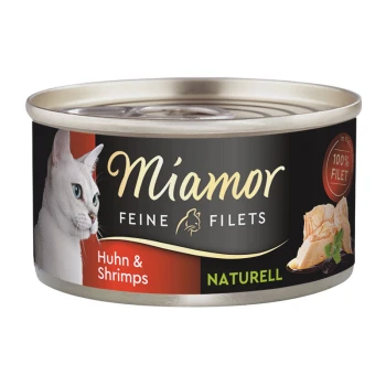 Dose mit Katzenfutter, die eine weiße Katze auf dem Etikett zeigt, beschriftet mit 'Miamor Feine Filets Huhn & Shrimps', mit dem Text '100% Filet'.