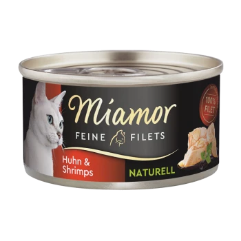 Boîte de nourriture pour chats avec un chat blanc sur l'étiquette, étiquetée "Miamor Feine Filets Huhn & Shrimps," avec le texte "100% Filet."
