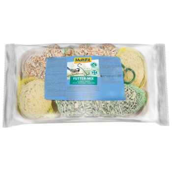 MultiFit Futter-Mix pet food mix package containing six colorful, netted food balls, with a blue label detailing product information.