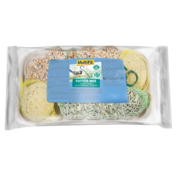 MultiFit Futter-Mix pet food mix package containing six colorful, netted food balls, with a blue label detailing product information.