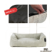 Ein gemütliches Haustierbett mit geripptem Design in hellbeige, mit einer schwarzen Unterseite mit Punkten, gekennzeichnet mit "MADE IN EU."