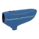Blauer Fleece-Hundemantel mit Reißverschluss, mit hohem Kragen und reflektierenden Details für Sichtbarkeit.