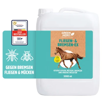 Behälter von GreenHero Bremsen-EX, einem Pferdeprodukt, mit einer gallopierenden Pferdegrafik, 5L Kapazität und einem Qualitätssiegel "Sehr Gut".