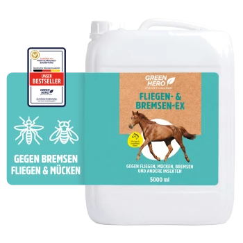 Behälter von GreenHero Bremsen-EX, einem Pferdeprodukt, mit einer gallopierenden Pferdegrafik, 5L Kapazität und einem Qualitätssiegel "Sehr Gut".