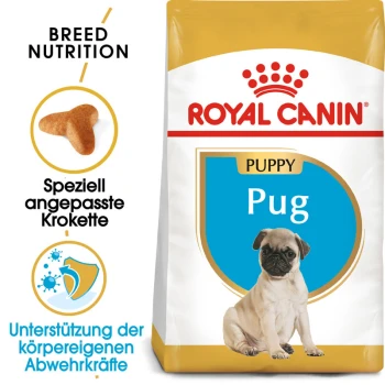 Mops Puppy 1,5 kg Royal Canin Welpenfutter für Möpse, mit einem Bild eines Mops-Welpen, und Text, der die Ernährung der Rasse und die Unterstützung des Immunsystems hervorhebt.