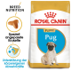 Royal Canin Welpenfutter für Möpse, mit einem Bild eines Mops-Welpen, und Text, der die Ernährung der Rasse und die Unterstützung des Immunsystems hervorhebt.