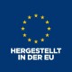 Blauer Hintergrund mit einem Kreis aus gelben Sternen und dem Text "HERGESTELLT IN DER EU" in fetten weißen Buchstaben darunter.